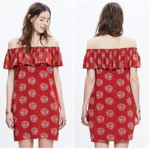 Madewell 100% Silk Red Palmflower Pattern Off The Shoulder Dress, Size L - Picture 1 of 6